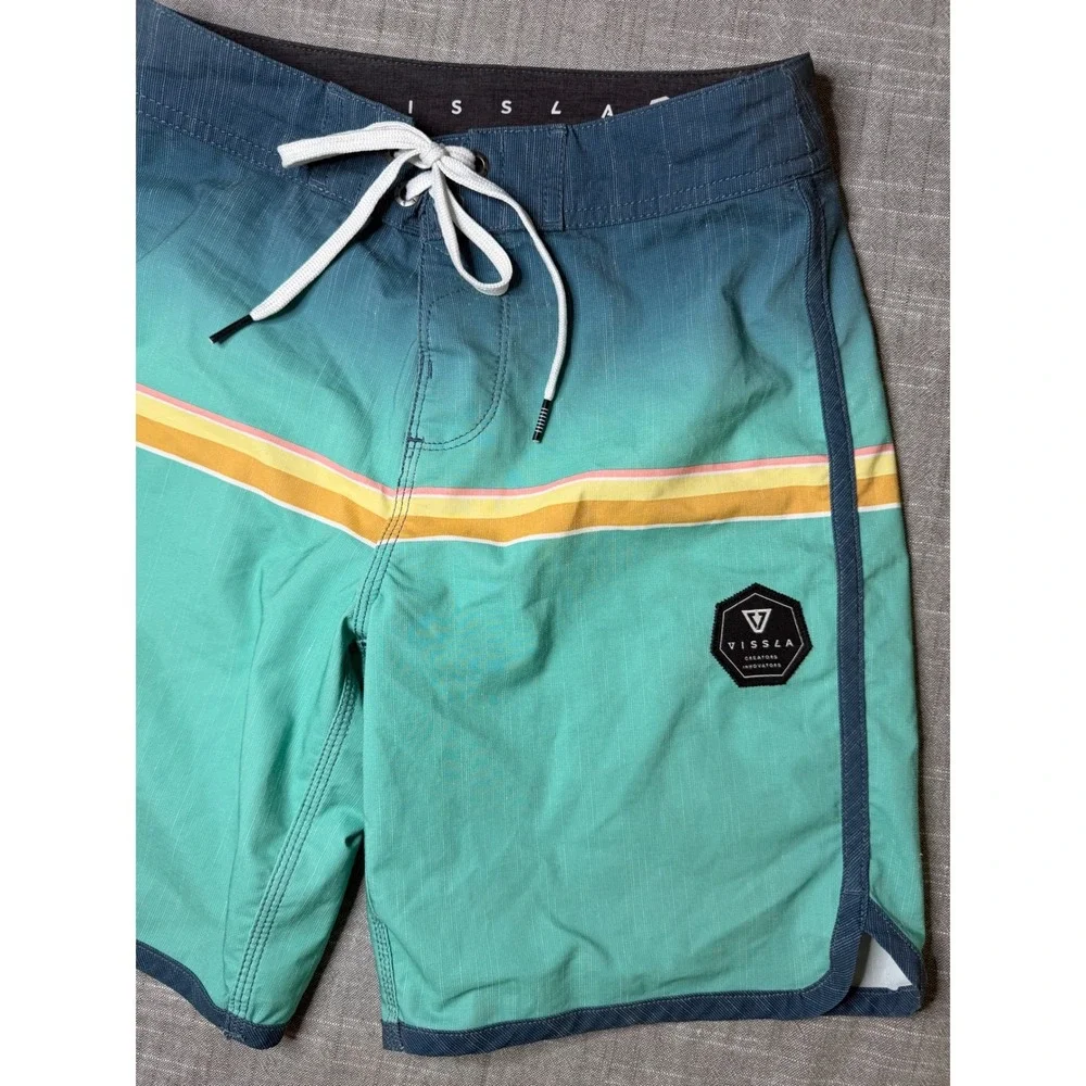 Vissla Boys Board Shorts Size 24 Teal Blue Ombre Stripe Upcycle Poly B111MDRE